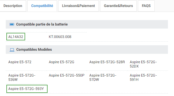 Exemple de tableaux de références et de modèles compatibles sur une fiche produit