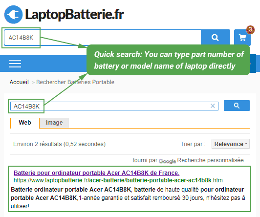 Barre de recherche rapide pour trouver une batterie compatible