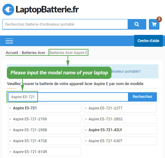 Recherche d’une batterie avec le modèle complet de l’appareil